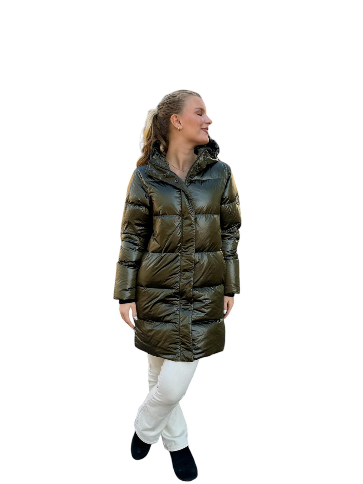 Lange Pufferjacke Oliv